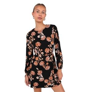 Lulus Darling Simplicity Black Floral Linen Cutout Mini Dress, S